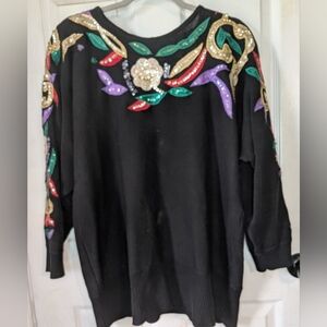 Vintage‎ Victoria Harbour Black Sweater with Colorful Embellishments 0074